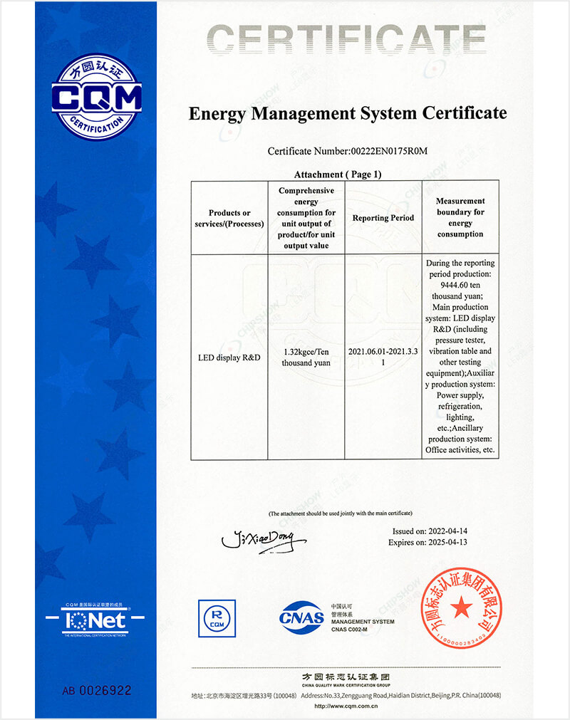 Energy Management System Certificate-Chipshow LED display